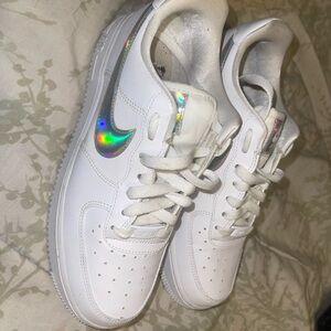 Nike Air Force White Sneakers with Holographic Swoosh